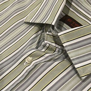 ETRO Men’s Green Multicolor Stripe Long-Sleeve Cotton Dress Shirt Size 46